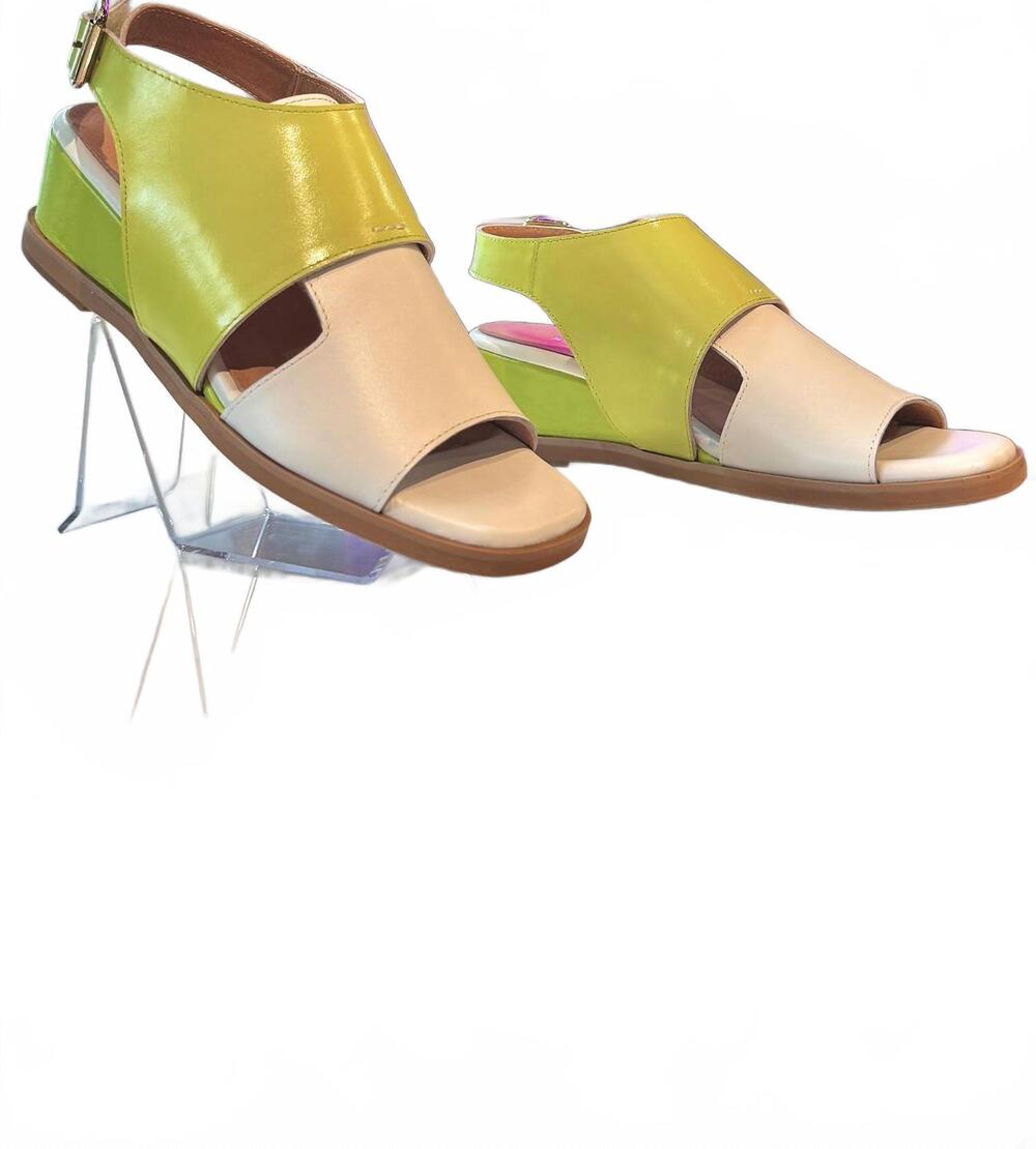 NEW ALL BLACK women's cutout bib wedge sandals in green/ivory